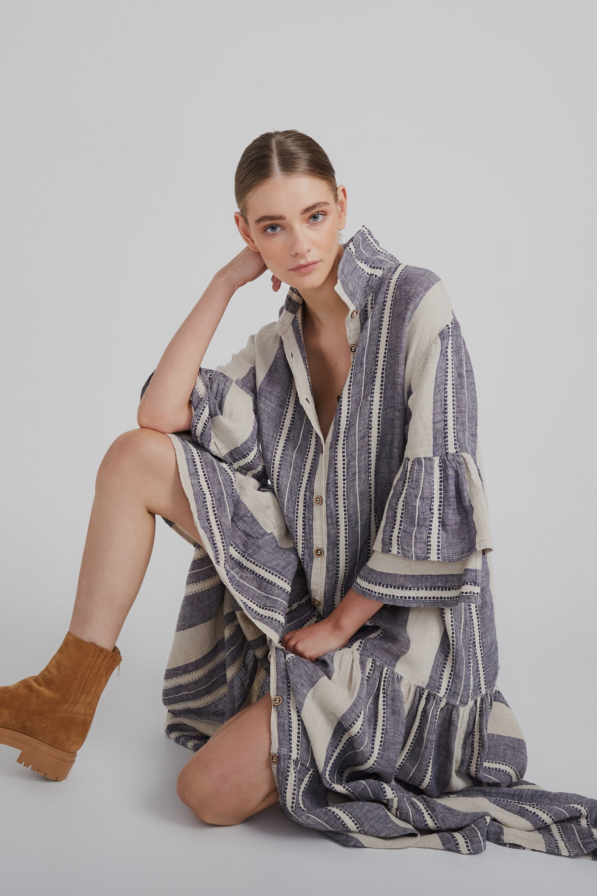 Estilo Emporio - Besito Maxi Coat Dress (Blue/Cream Stripe)