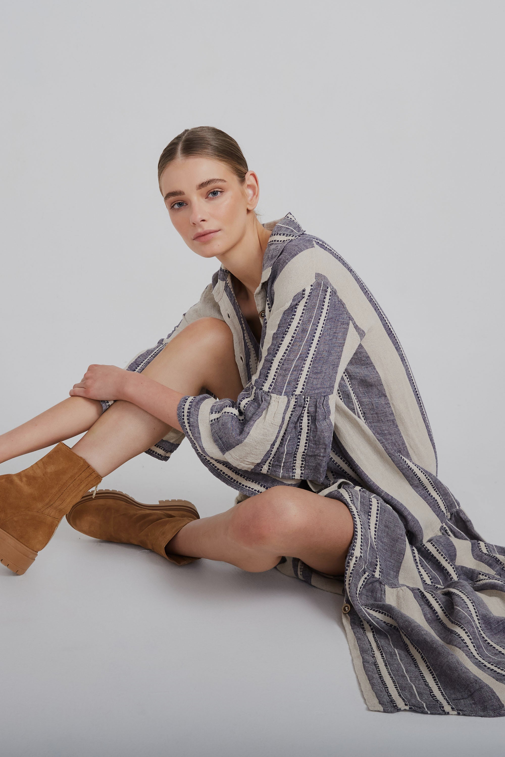 Estilo Emporio - Besito Maxi Coat Dress (Blue/Cream Stripe)