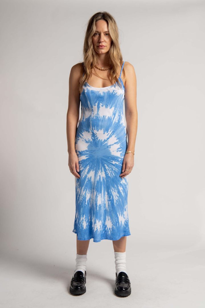 Emma Mulholland on Holiday - Vacation Slip Dress in Tie Dye Blue