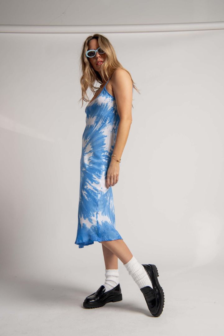 Emma Mulholland on Holiday - Vacation Slip Dress in Tie Dye Blue