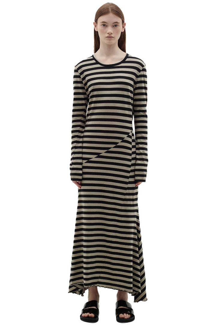 Bassike - Stripe Heritage Paneled Long Sleeve Dress in Black/Oatmeal
