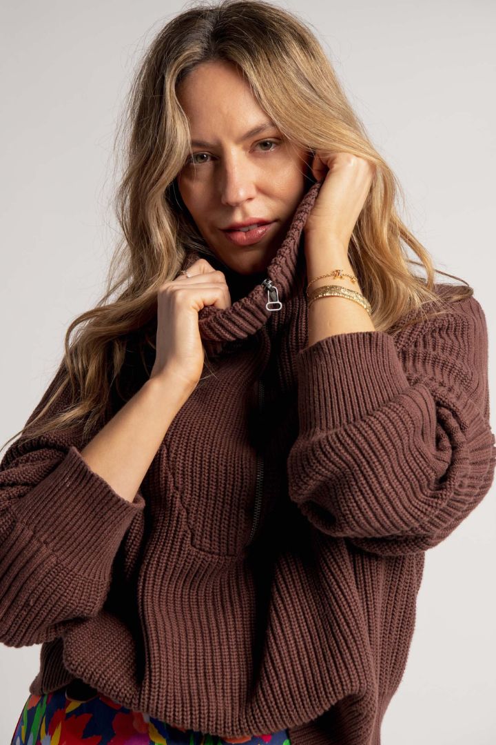 Christina MacPherson - Stylerunner - Knit Jumper with 1/4 Zip up in Chocolate