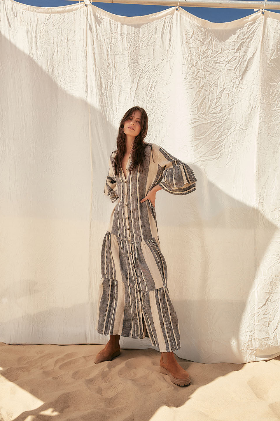 Estilo Emporio - Besito Maxi Coat Dress (Blue/Cream Stripe)