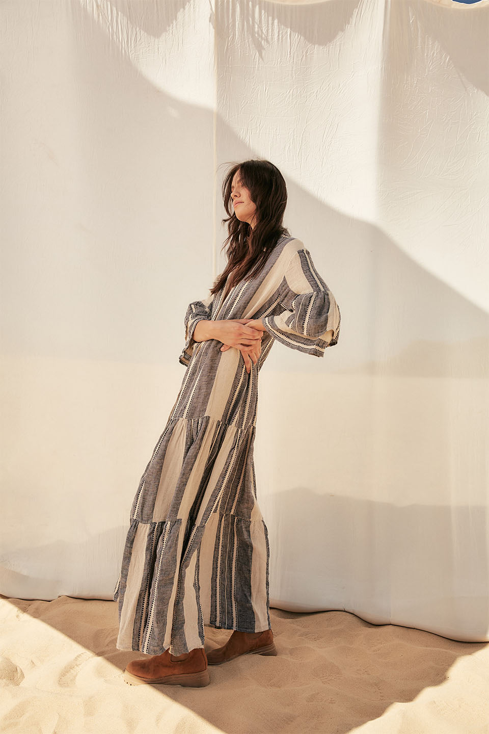 Estilo Emporio - Besito Maxi Coat Dress (Blue/Cream Stripe)