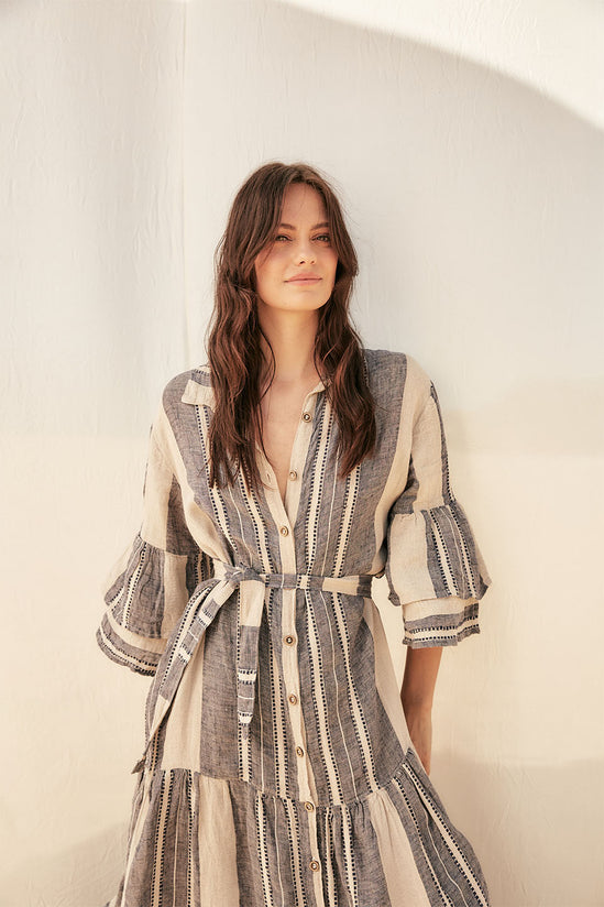 Estilo Emporio - Besito Maxi Coat Dress (Blue/Cream Stripe)