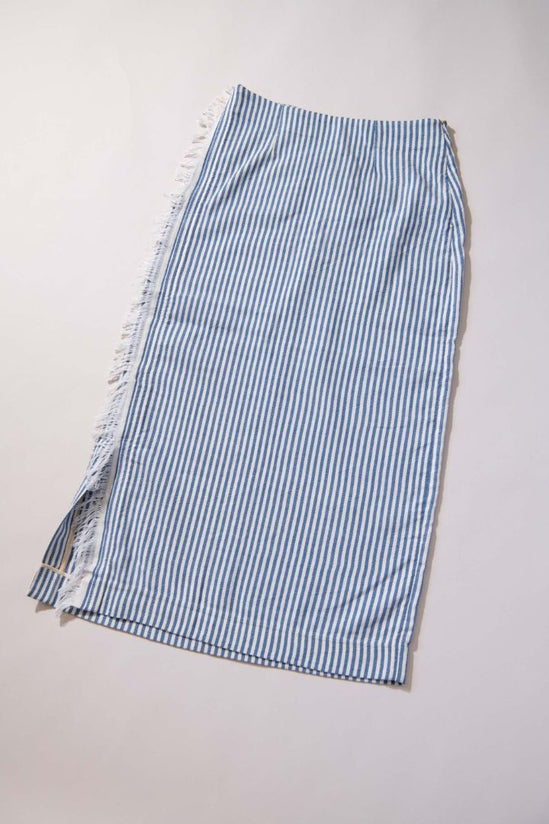 Lucy Folk - Blue and White Pin Stripped Long Skirt with Tassle Trim