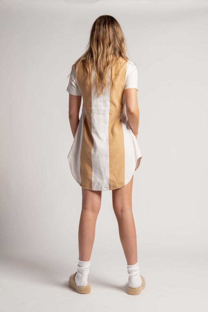 Lucy Folk  - Cotton Boiler Short Sleeve Mini Dress in Creme and Tan Cotton