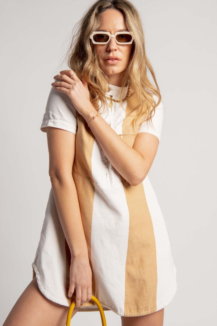 Lucy Folk  - Cotton Boiler Short Sleeve Mini Dress in Creme and Tan Cotton