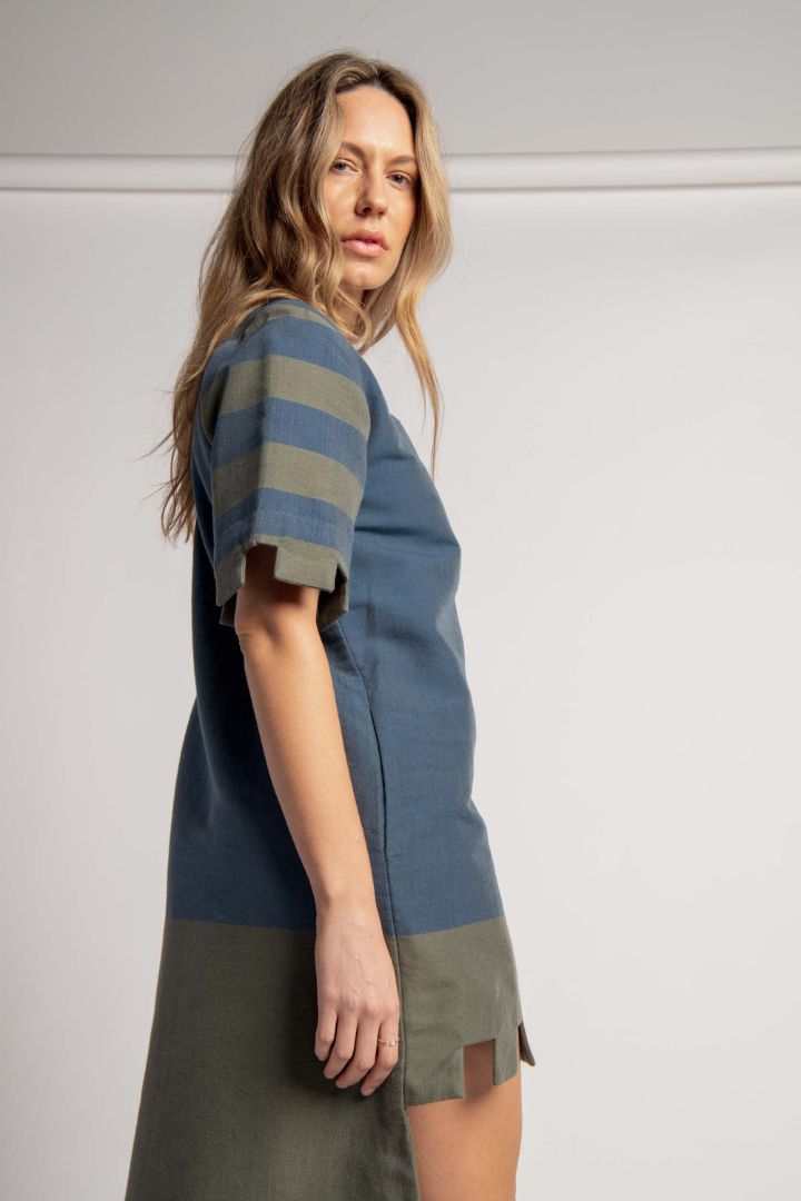 Lucy Folk - High Low Cut Out Hem and Sleeve Kaftan in Blue and Khaki