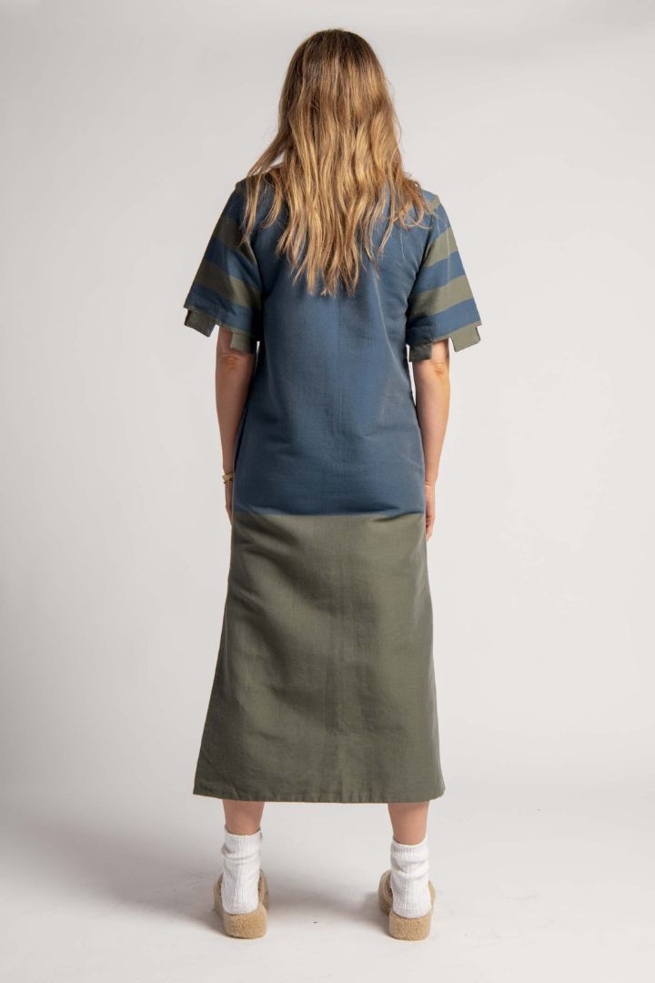 Lucy Folk - High Low Cut Out Hem and Sleeve Kaftan in Blue and Khaki