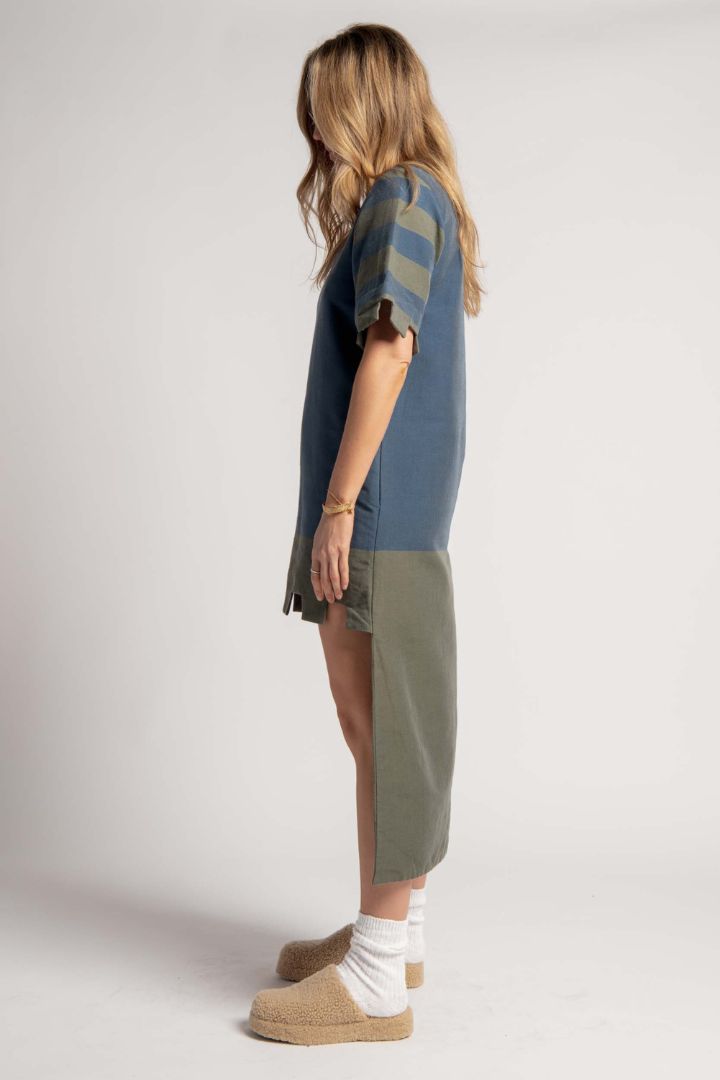Lucy Folk - High Low Cut Out Hem and Sleeve Kaftan in Blue and Khaki