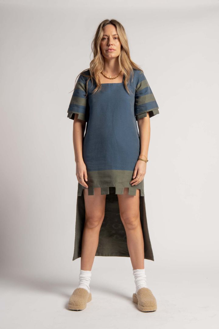 Lucy Folk - High Low Cut Out Hem and Sleeve Kaftan in Blue and Khaki