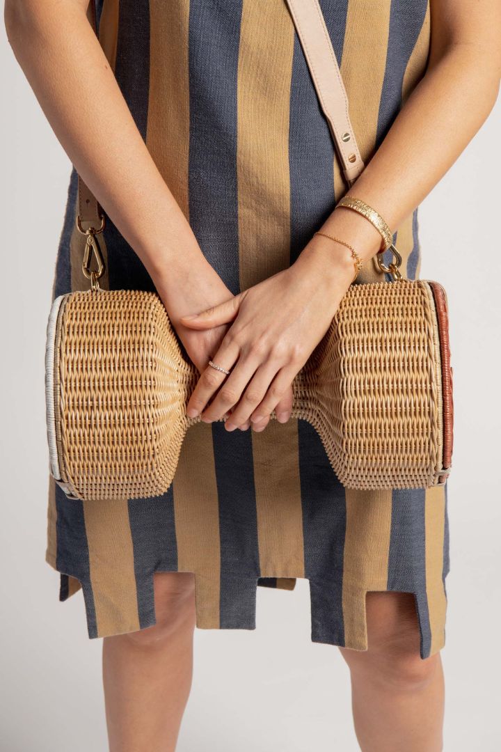 Lucy Folk  - Woven Dumbell Bag with Long Strap in Natural/White/Brown
