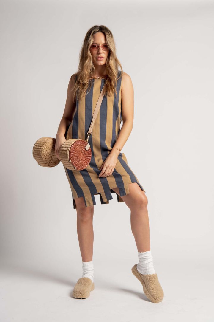 Lucy Folk  - Woven Dumbell Bag with Long Strap in Natural/White/Brown
