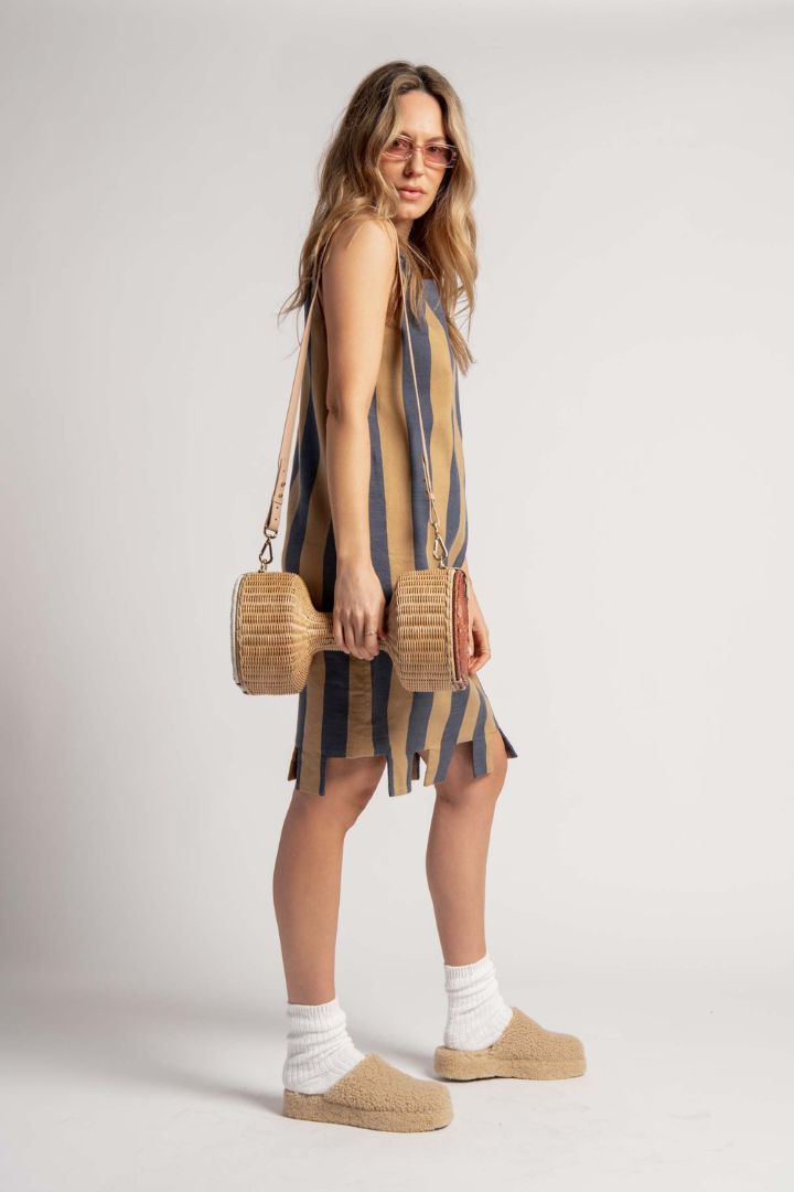 Lucy Folk  - Woven Dumbell Bag with Long Strap in Natural/White/Brown