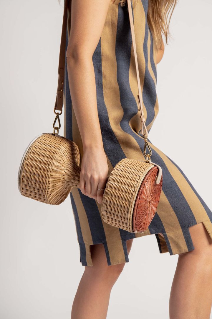 Lucy Folk  - Woven Dumbell Bag with Long Strap in Natural/White/Brown