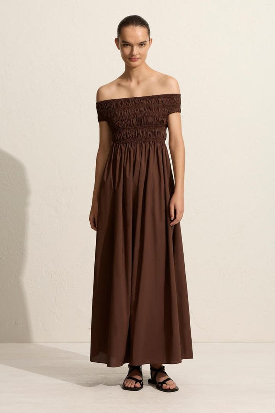 MATTEAU - Shirred Off The Shoulder Dress in Sable