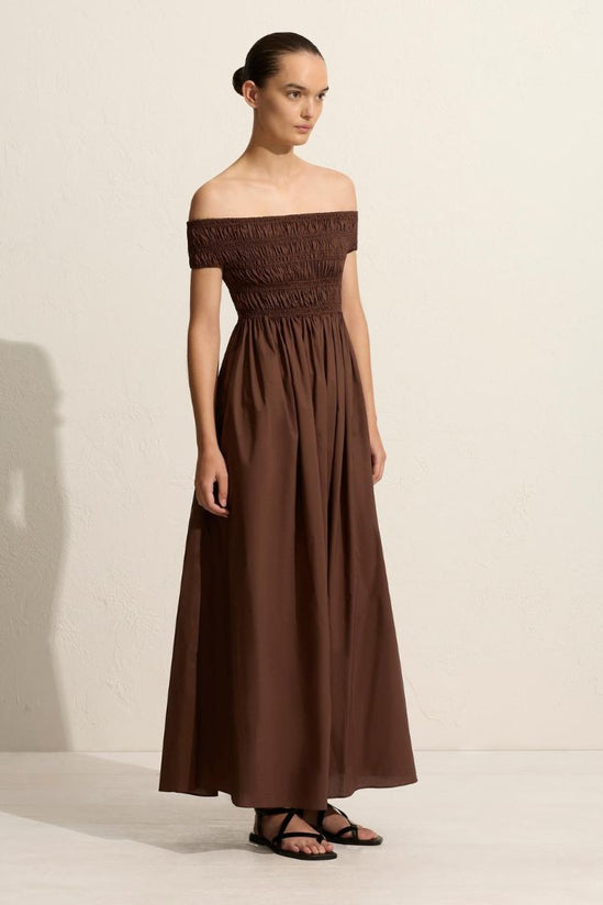 MATTEAU - Shirred Off The Shoulder Dress in Sable
