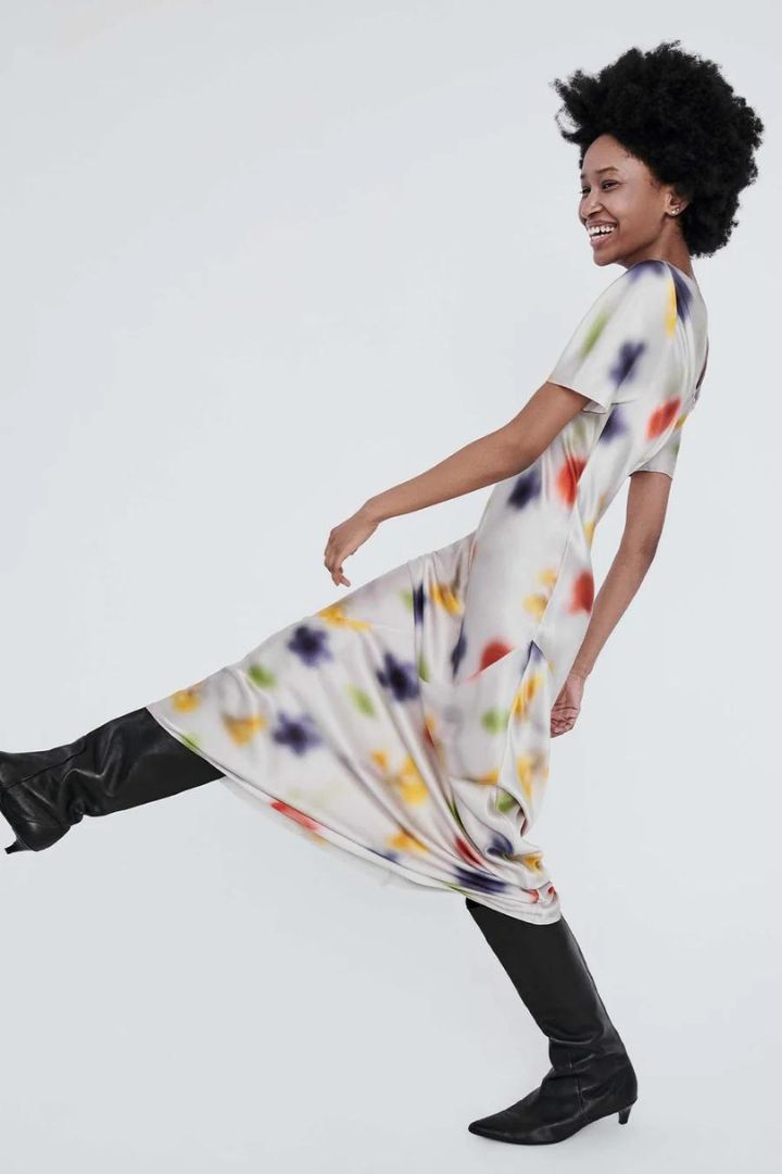 Silk Laundry - Short Sleeve Bias Dress in Hazelnut Blur