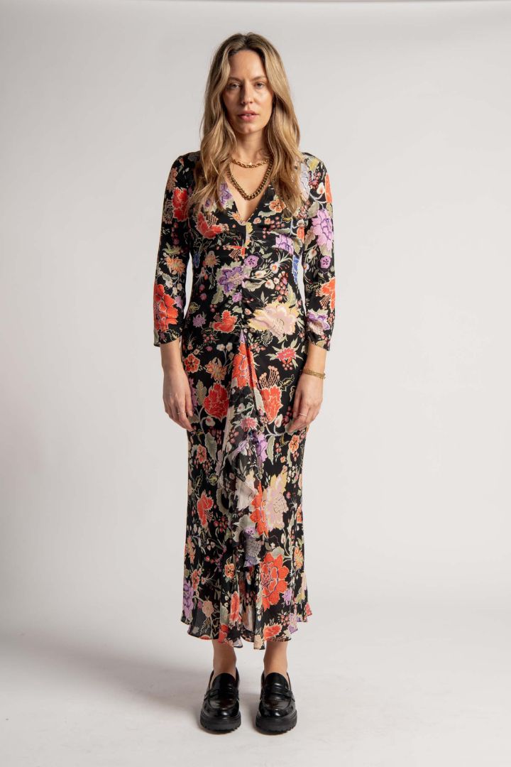 Victoria Lee - Rixo - Open Back Long Sleeve Black Based Floral Dress