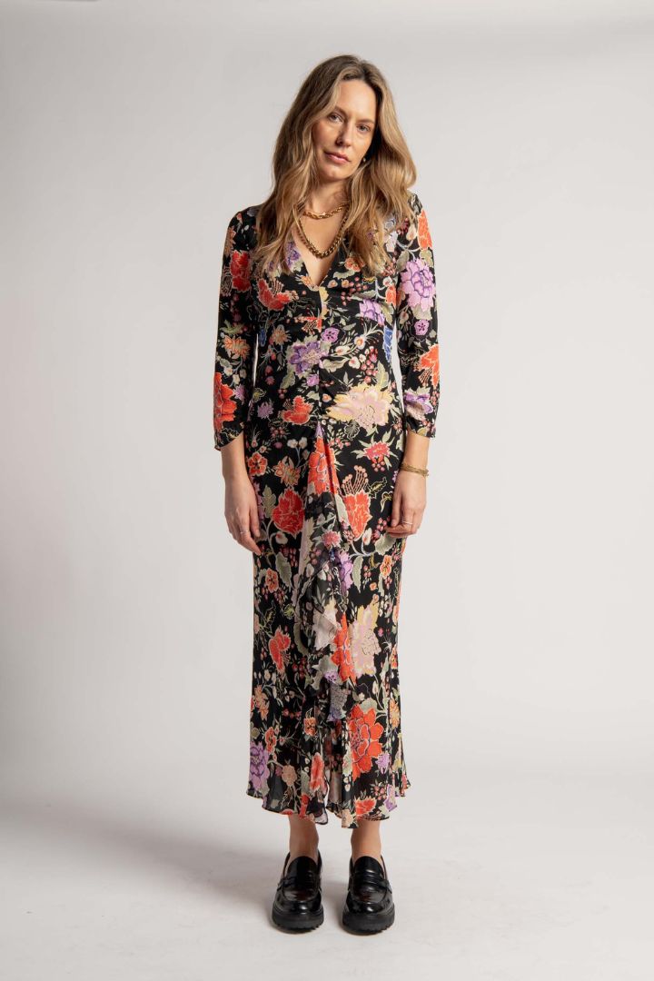Victoria Lee - Rixo - Open Back Long Sleeve Black Based Floral Dress