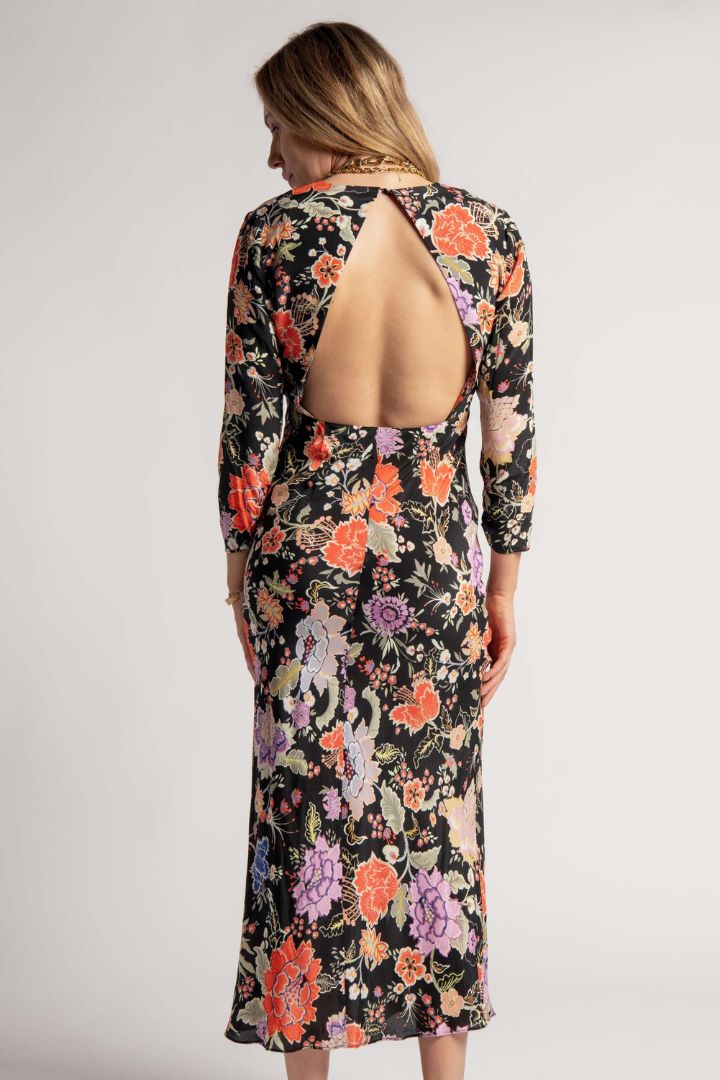 Victoria Lee - Rixo - Open Back Long Sleeve Black Based Floral Dress