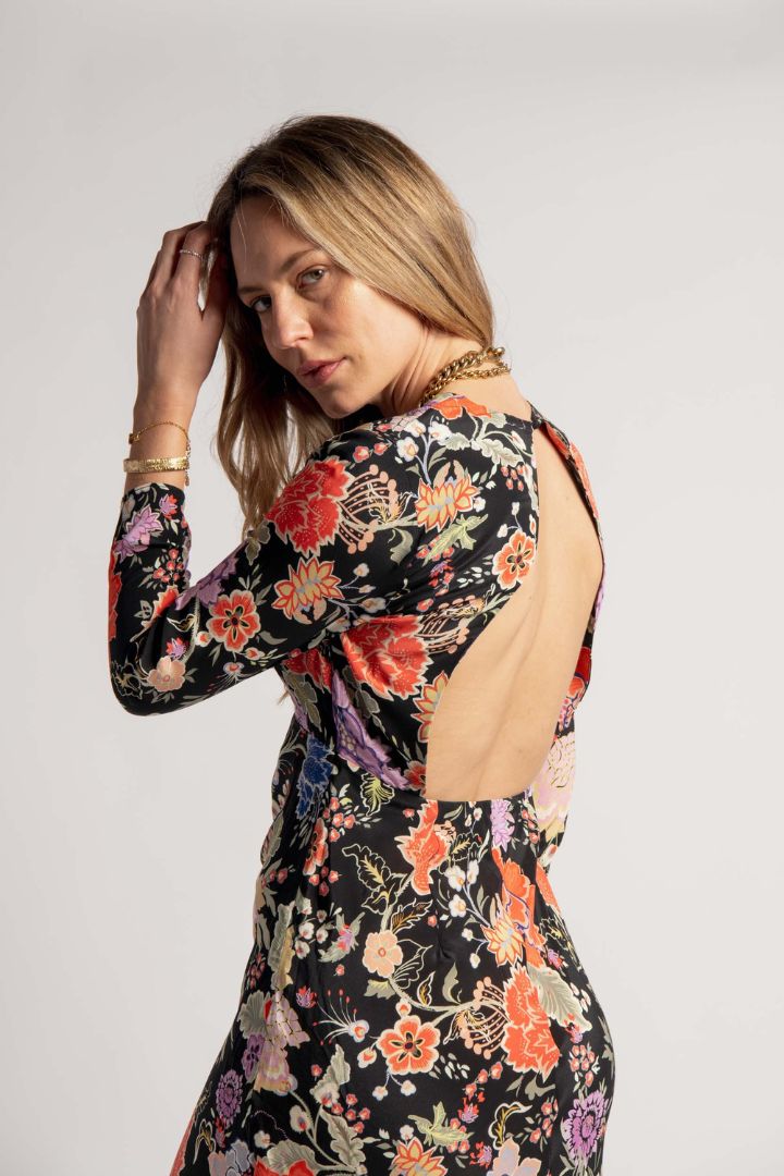 Victoria Lee - Rixo - Open Back Long Sleeve Black Based Floral Dress