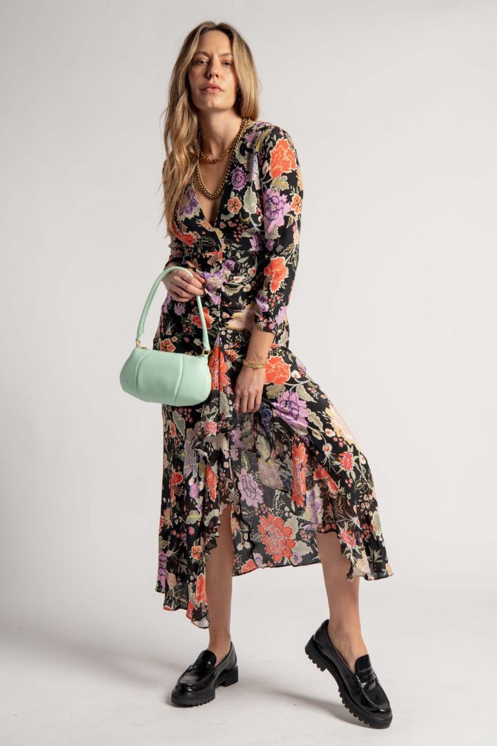 Victoria Lee - Rixo - Open Back Long Sleeve Black Based Floral Dress