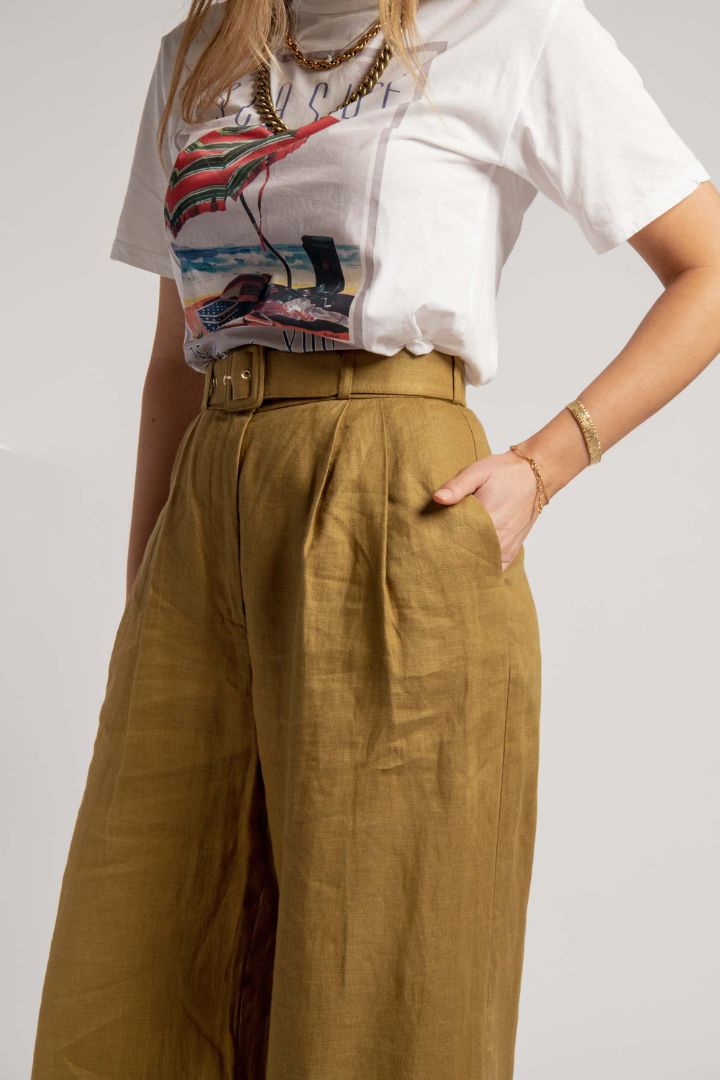 Victoria Lee - Zimmermann - Highwaisted Belted Wide Leg Pant in Khaki Green