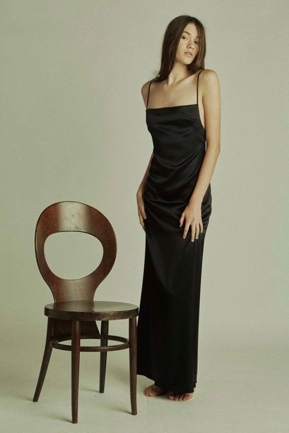 Paris Georgia -  Phoebe Sateen Slip Dress, Black - Worn For Good