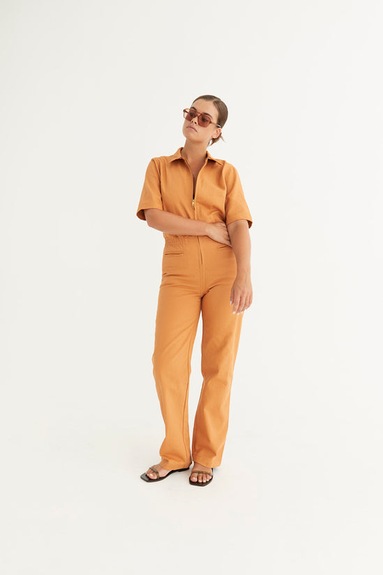 Emma Mulholland on Holiday - Boiler Suit in Contrast Orange and Lilac