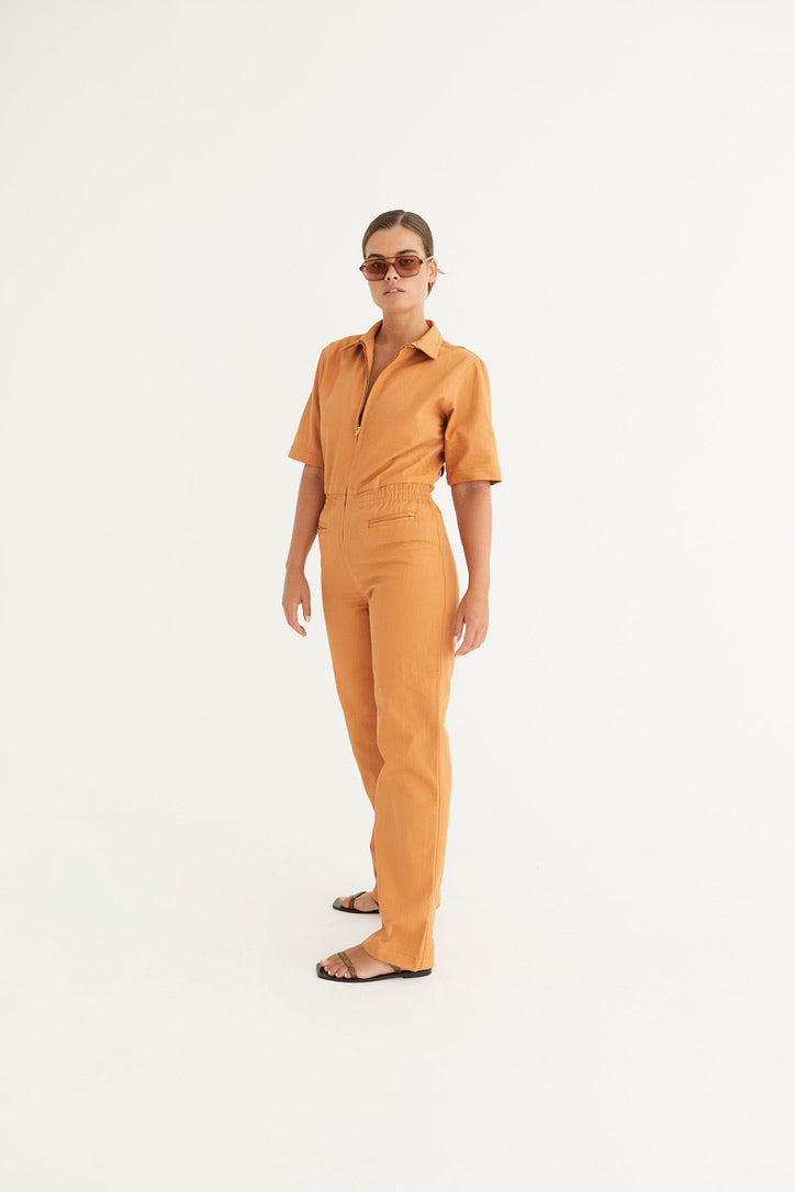 Emma Mulholland on Holiday - Boiler Suit in Contrast Orange and Lilac
