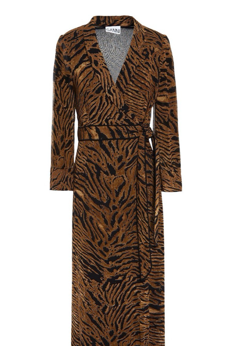 Ganni -  Georgette Maxi Wrap Dress, Tiger Print - Worn For Good