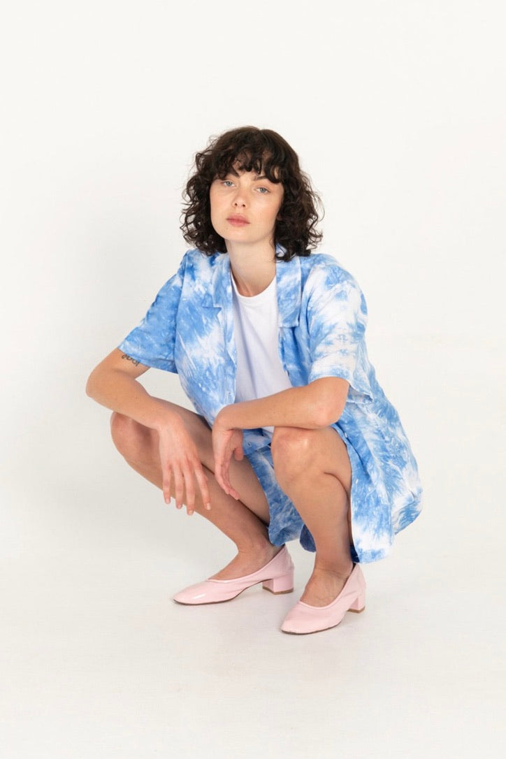 Emma Mulholland on Holiday - Pyjama Short Set, Tie Dye Light Blue - Worn For Good