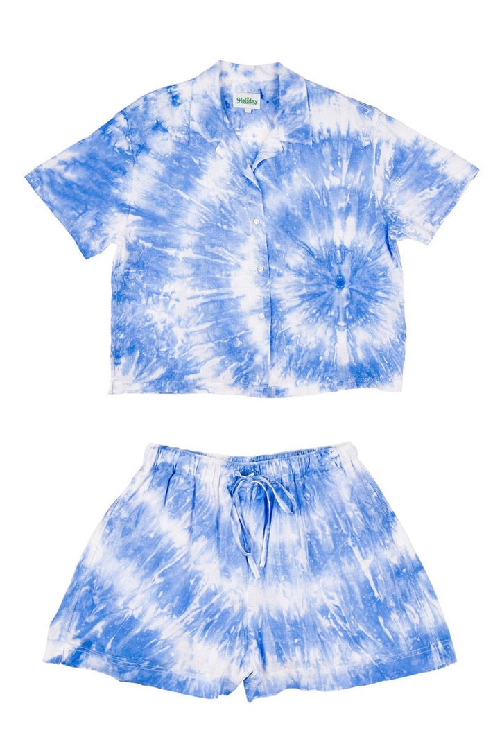 Emma Mulholland on Holiday - Pyjama Short Set, Tie Dye Light Blue - Worn For Good