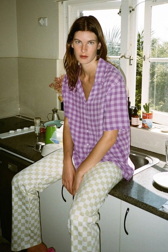 Emma Mulholland on Holiday - Pyjama Long Set in Gingham Purple