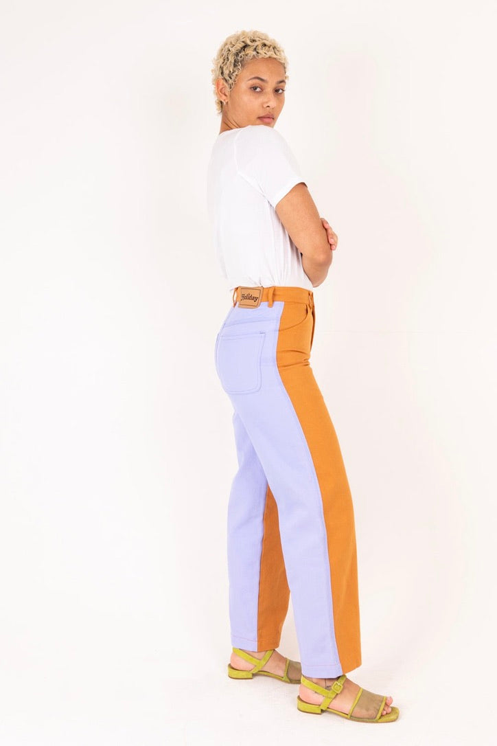 Emma Mulholland on Holiday - Vacation Pant, Contrast Orange and Lilac - Worn For Good