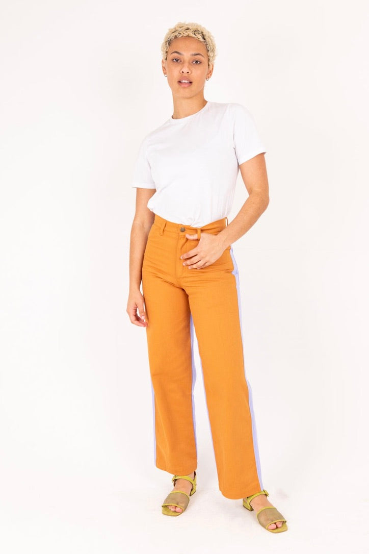 Emma Mulholland on Holiday - Vacation Pant, Contrast Orange and Lilac - Worn For Good